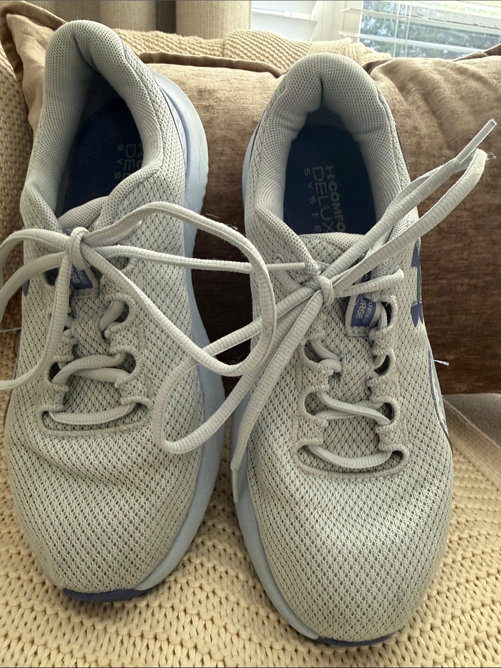 Under Armour Light Gray Mesh Kids Lace-Up Sneakers with Blue Accents